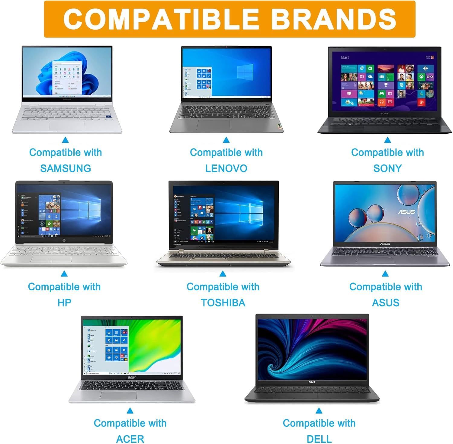 Demonstrates that the product is compatible with multiple major laptop brands (Samsung, Lenovo, Sony, HP, Toshiba, Asus, Acer, Dell) to reassure shoppers of broad device compatibility.