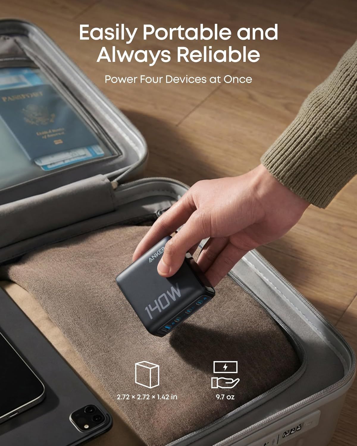 Communicates that the charger is compact, lightweight, and reliable for powering multiple devices simultaneously, making it ideal for travel and everyday use. Shows the physical size and weight of…