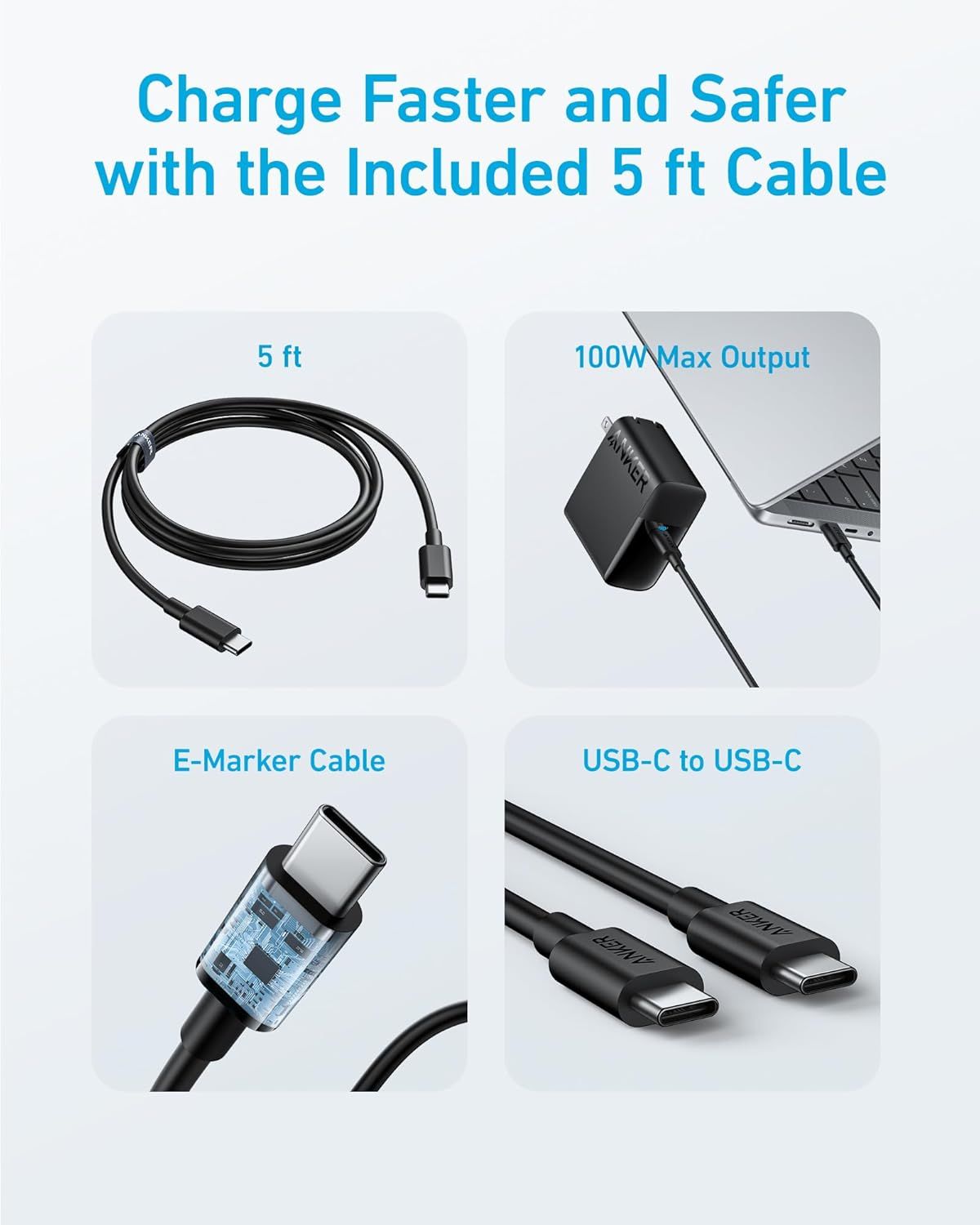 Shows everything included with the product purchase, highlighting the cable length, charging power, and cable type to help shoppers understand what they receive and the product's fast-charging…