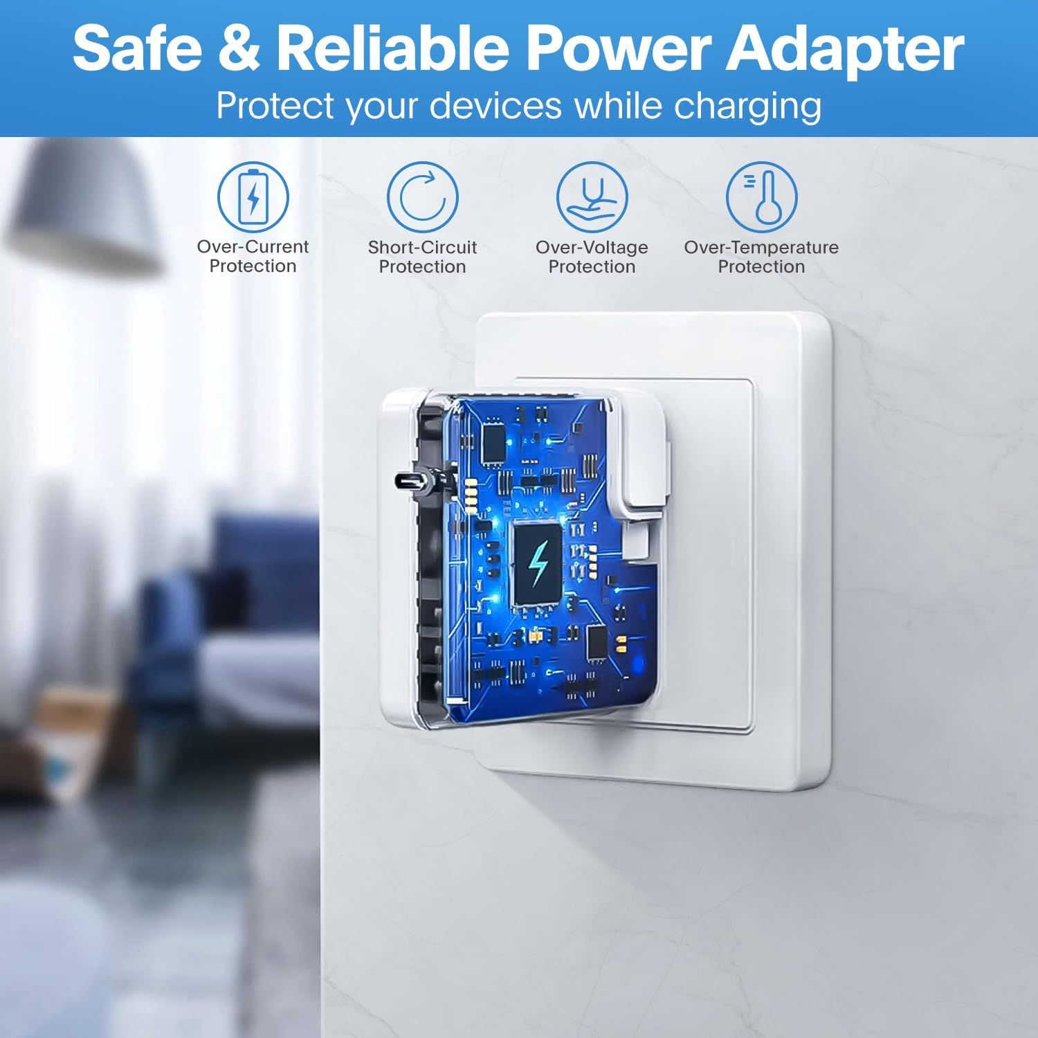 Communicates the comprehensive safety features built into the power adapter, reassuring shoppers that their devices will be protected during charging through multiple protection mechanisms.…