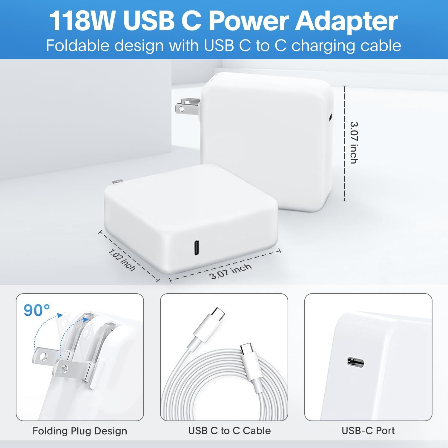 Communicates the physical size and portability of the power adapter using exact measurements (3.07 inch x 1.02 inch x 3.07 inch) to help shoppers understand how compact and travel-friendly the…