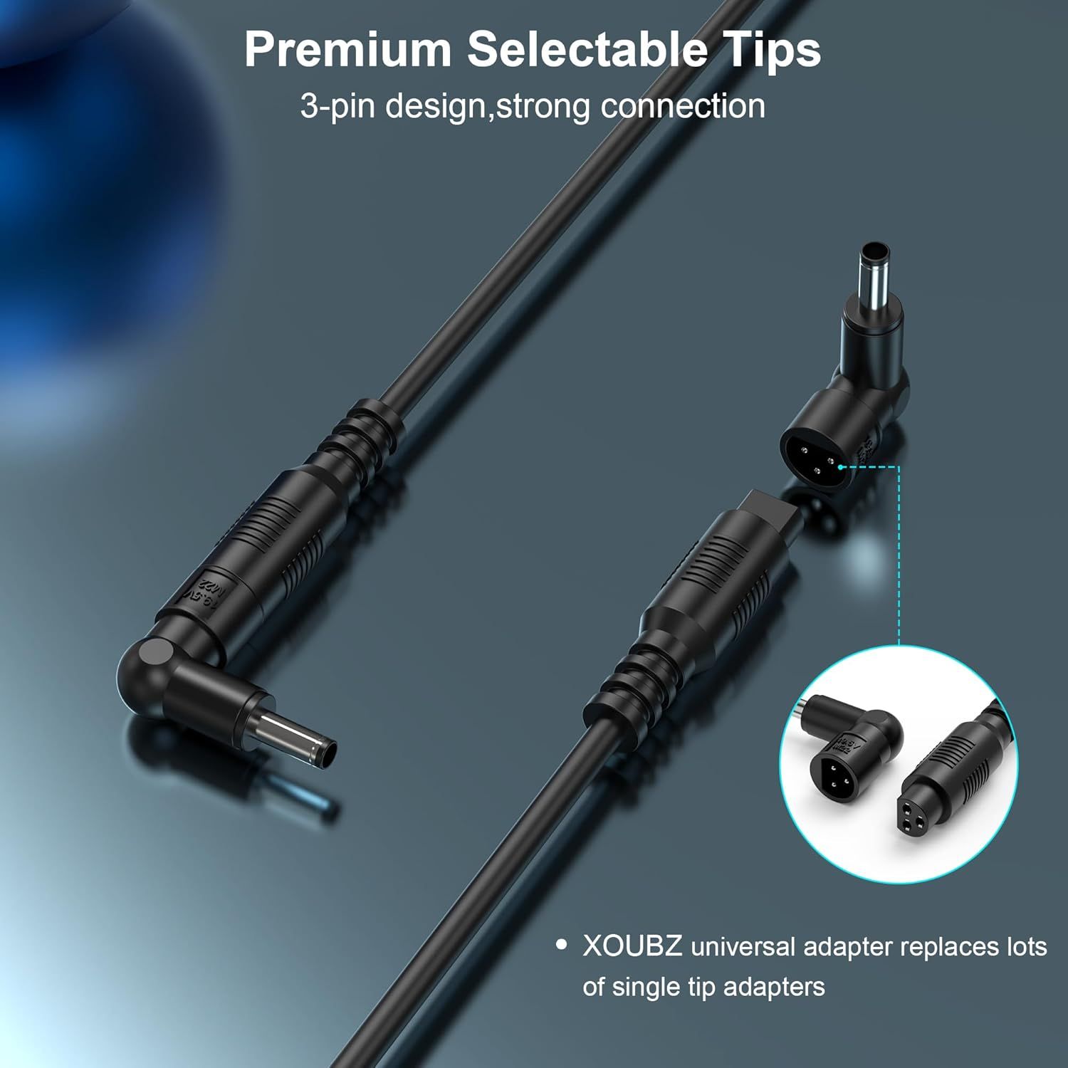 Highlights the physical design of the adapter's connector tips, emphasizing the 3-pin design and strong connection to reassure shoppers about compatibility and durability. Communicates the key…