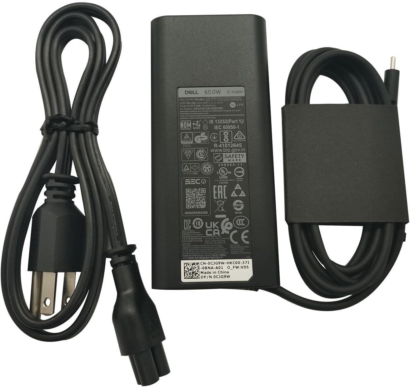Shows the customer everything included in the package: the Dell 65W AC adapter, power cable, and charging cable, reassuring them they receive a complete charging solution.