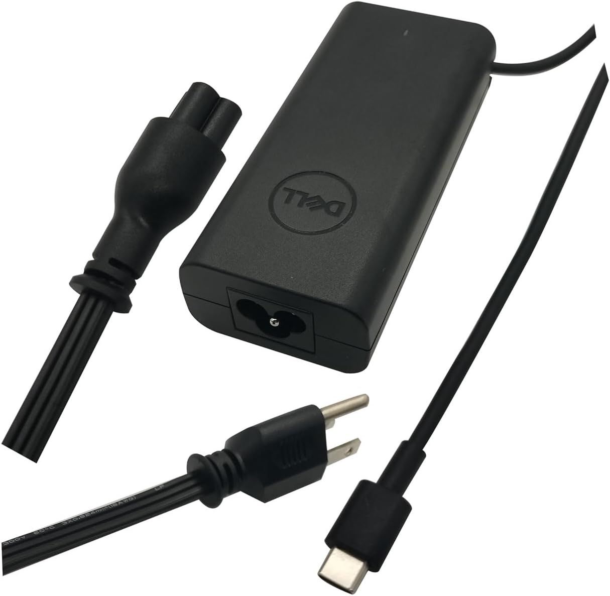 Shows all components included with the purchase: the Dell-branded power adapter, power cable, and USB-C charging cable, reassuring shoppers they receive everything needed to charge their device.