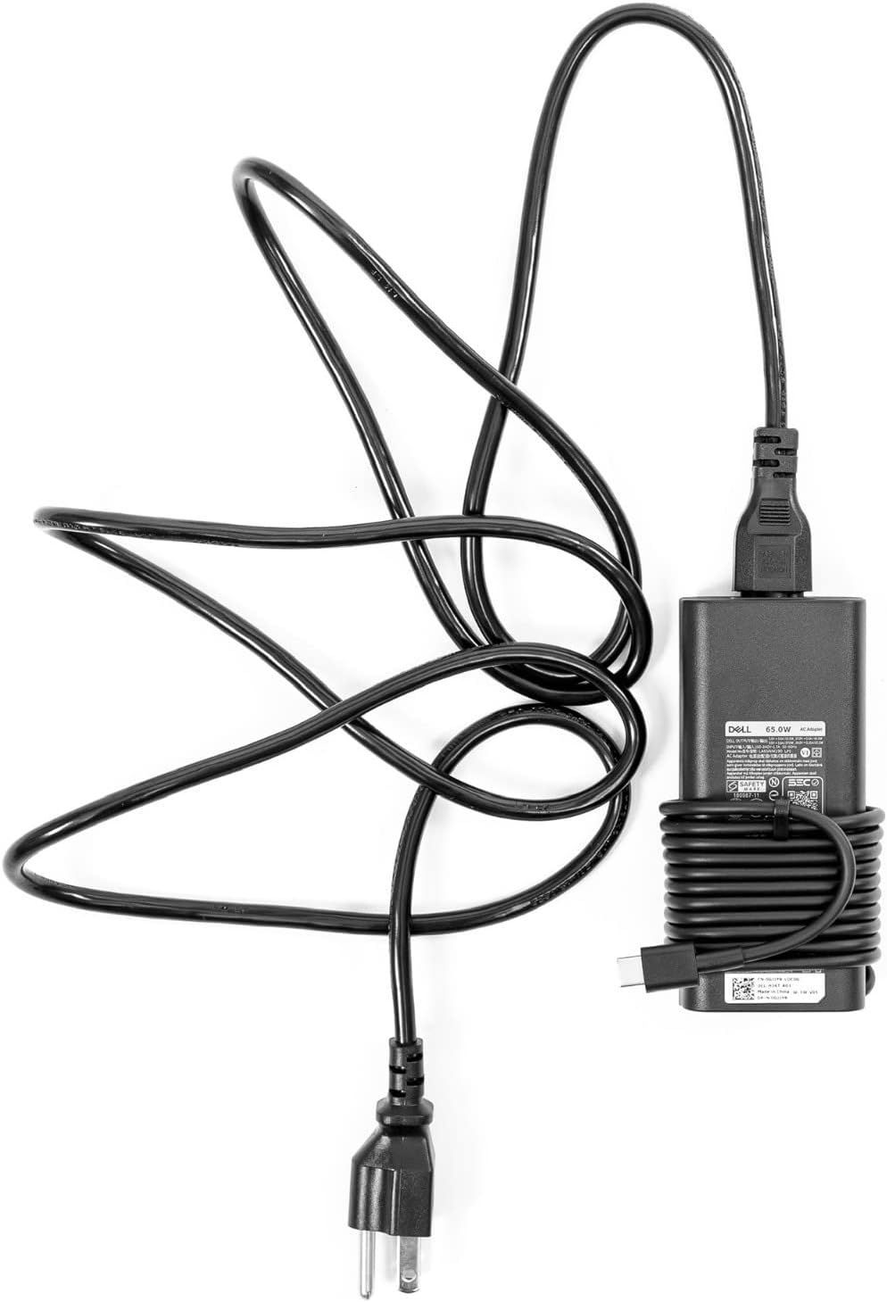 Displays the complete Dell power adapter with all cables on a clean white background to show exactly what the product looks like and what components are included.