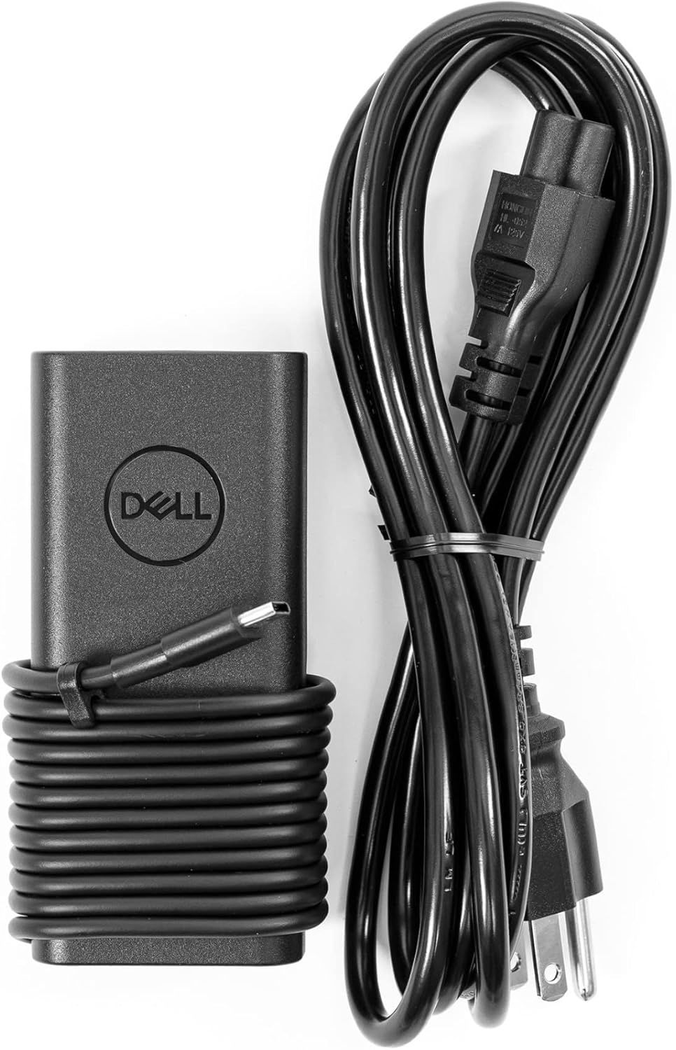 Shows the customer everything included in the package: the Dell power adapter and the power cable, demonstrating the complete charging solution they will receive.