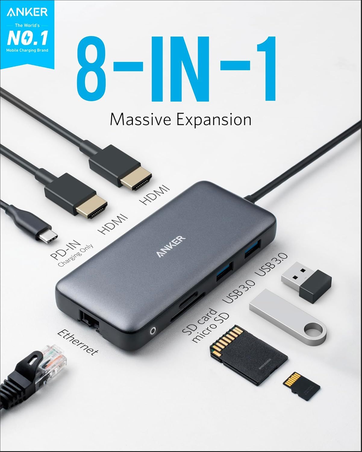 Communicates the product's versatility by highlighting that it expands one port into eight different connection types, emphasizing massive connectivity expansion. Demonstrates the multiple…