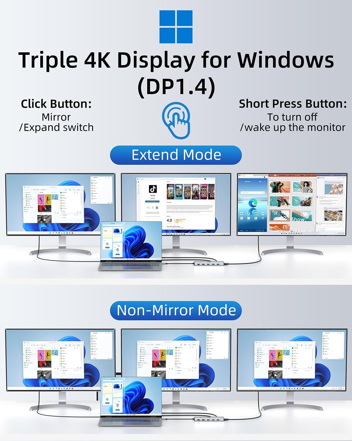 Explains how to set up and use the triple 4K display adapter for Windows, showing both Extend Mode and Non-Mirror Mode configurations with button instructions. Demonstrates the two different display…