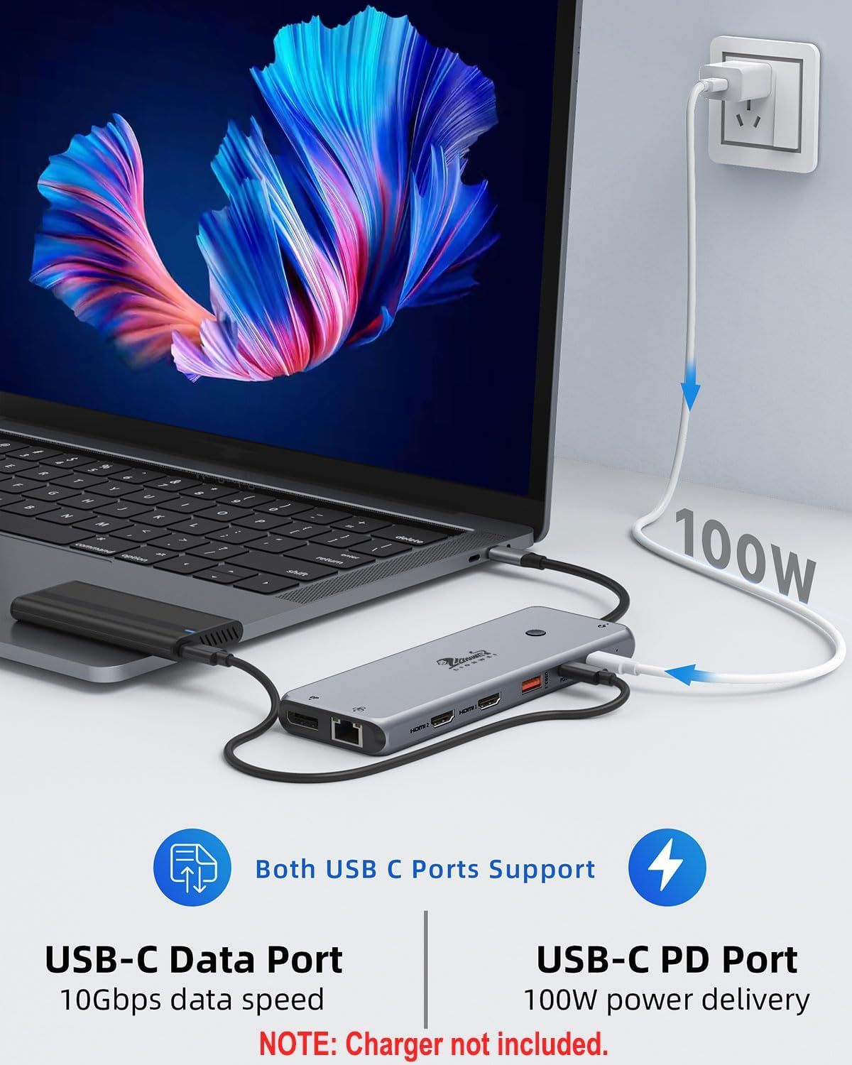 Highlights the dual functionality of the USB-C hub's two ports—one for high-speed data transfer and one for powerful charging—to communicate versatility and performance to shoppers.