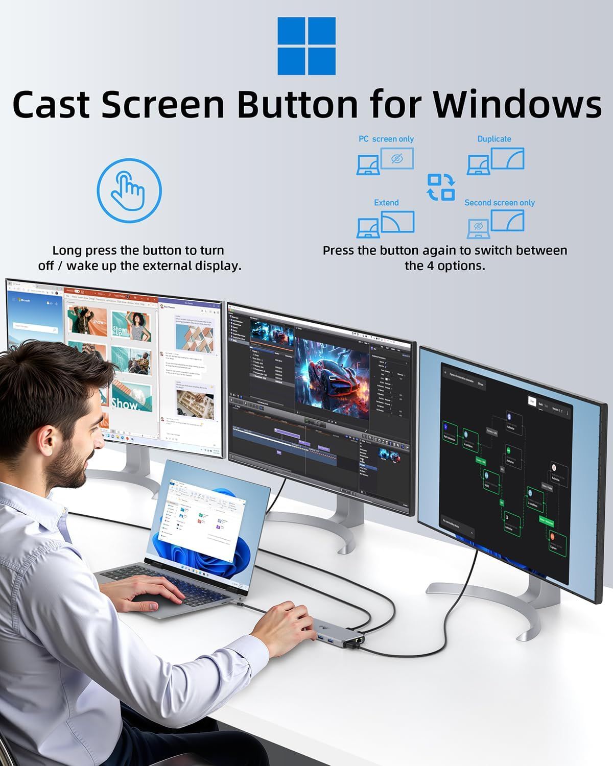 Instructs users on how to use the cast screen button to control external displays on Windows, including turning on/off displays and switching between four display modes (PC screen only, Duplicate,…