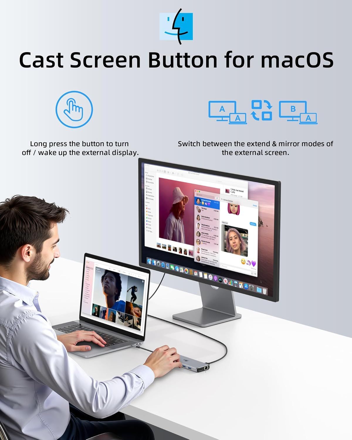 Communicates multiple distinct benefits of the product's cast screen button functionality, including the ability to turn on/off external displays and switch between extend and mirror modes.