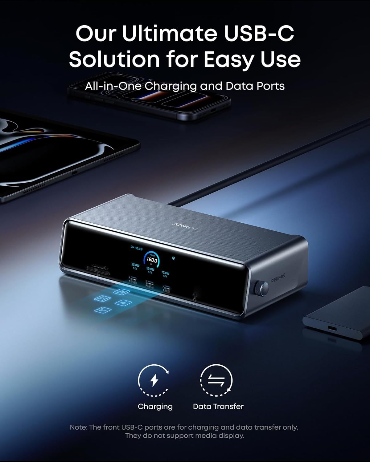 Communicates the product's versatility as an all-in-one USB-C solution that handles both charging and data transfer, reassuring shoppers of its comprehensive functionality.