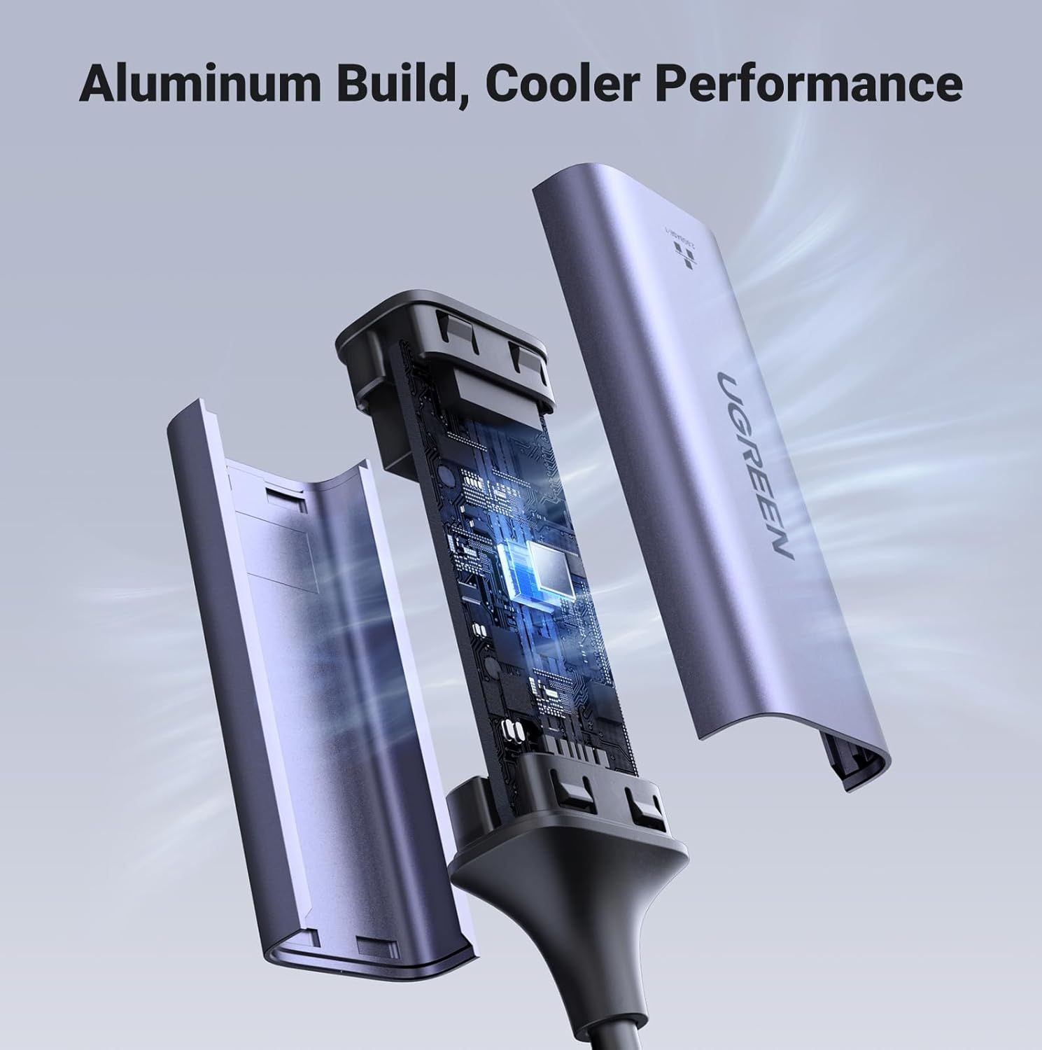 Showcases the internal construction and premium aluminum build quality of the device, highlighting the sophisticated cooling system and circuit board to communicate superior engineering and…