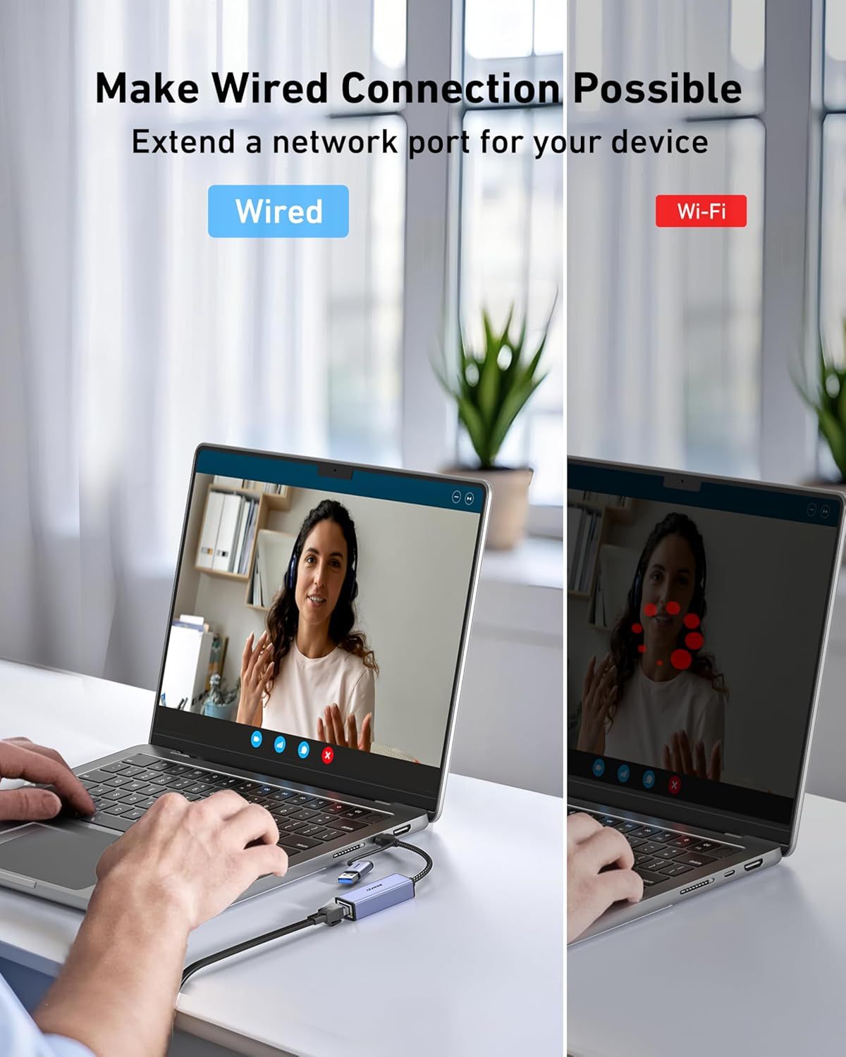 Demonstrates the product's dual connectivity capability, showing how it enables both wired and wireless network connections for video conferencing and other device uses. Highlights the product's…