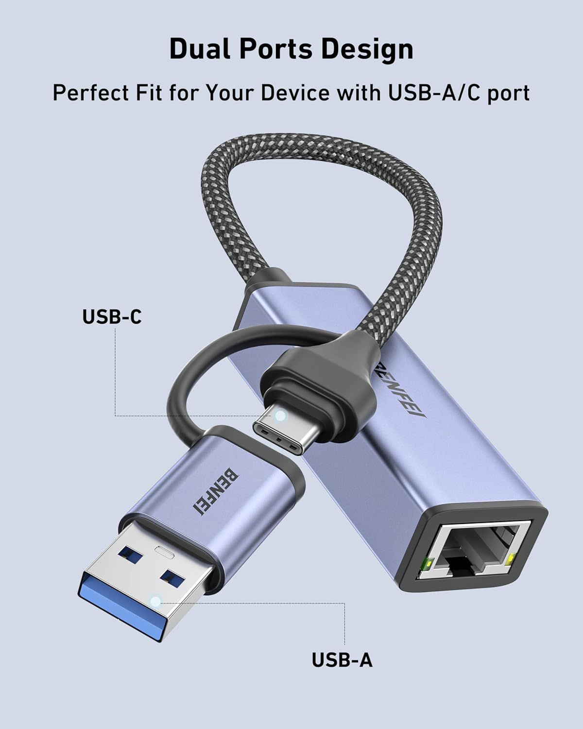Highlights the physical components and port types of the cable adapter, showing shoppers exactly what connectors are included and how the dual-port design enables compatibility with multiple devices.