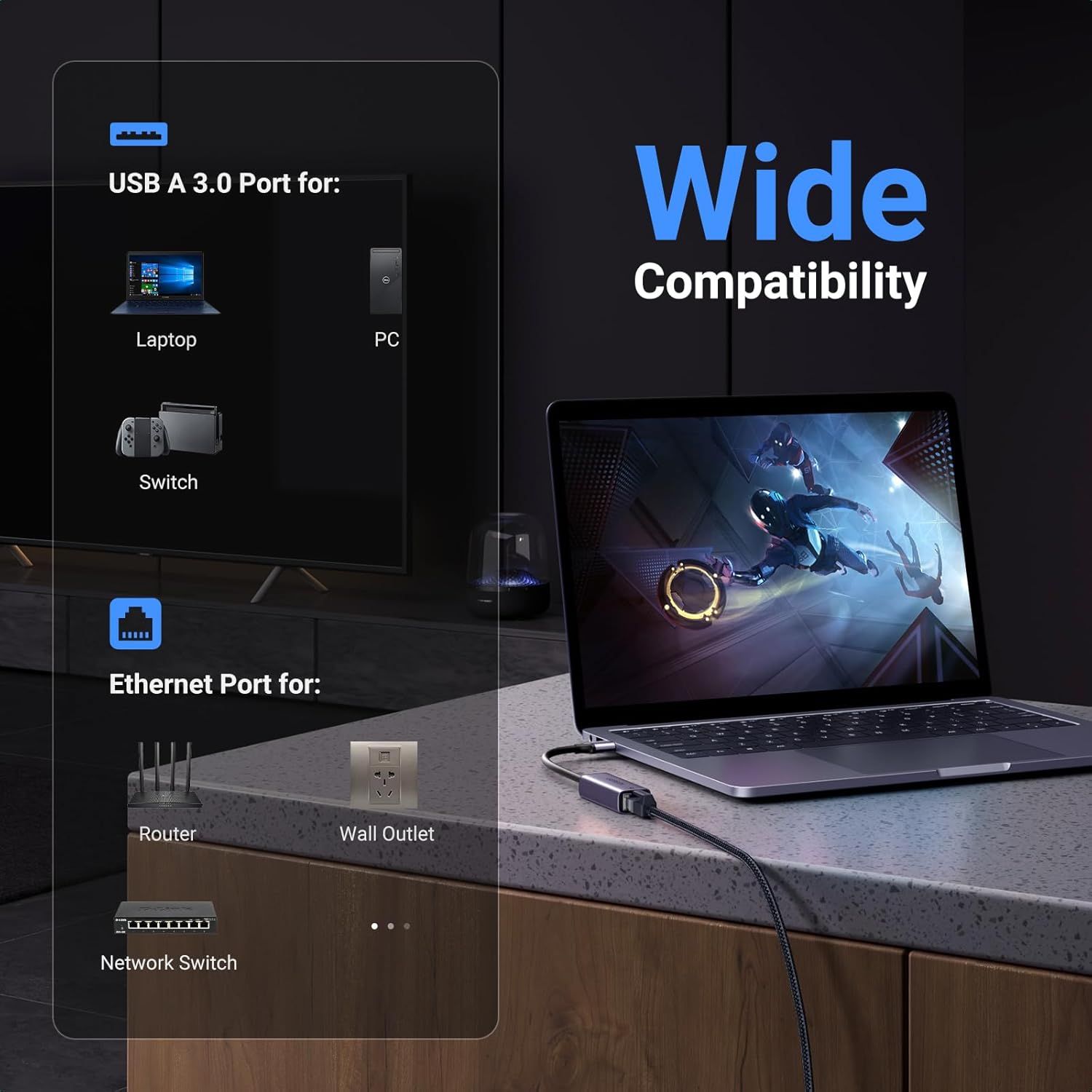 Demonstrates the product's compatibility with multiple devices and use cases, showing it works with laptops, PCs, gaming consoles, routers, and network equipment to reassure shoppers of its…