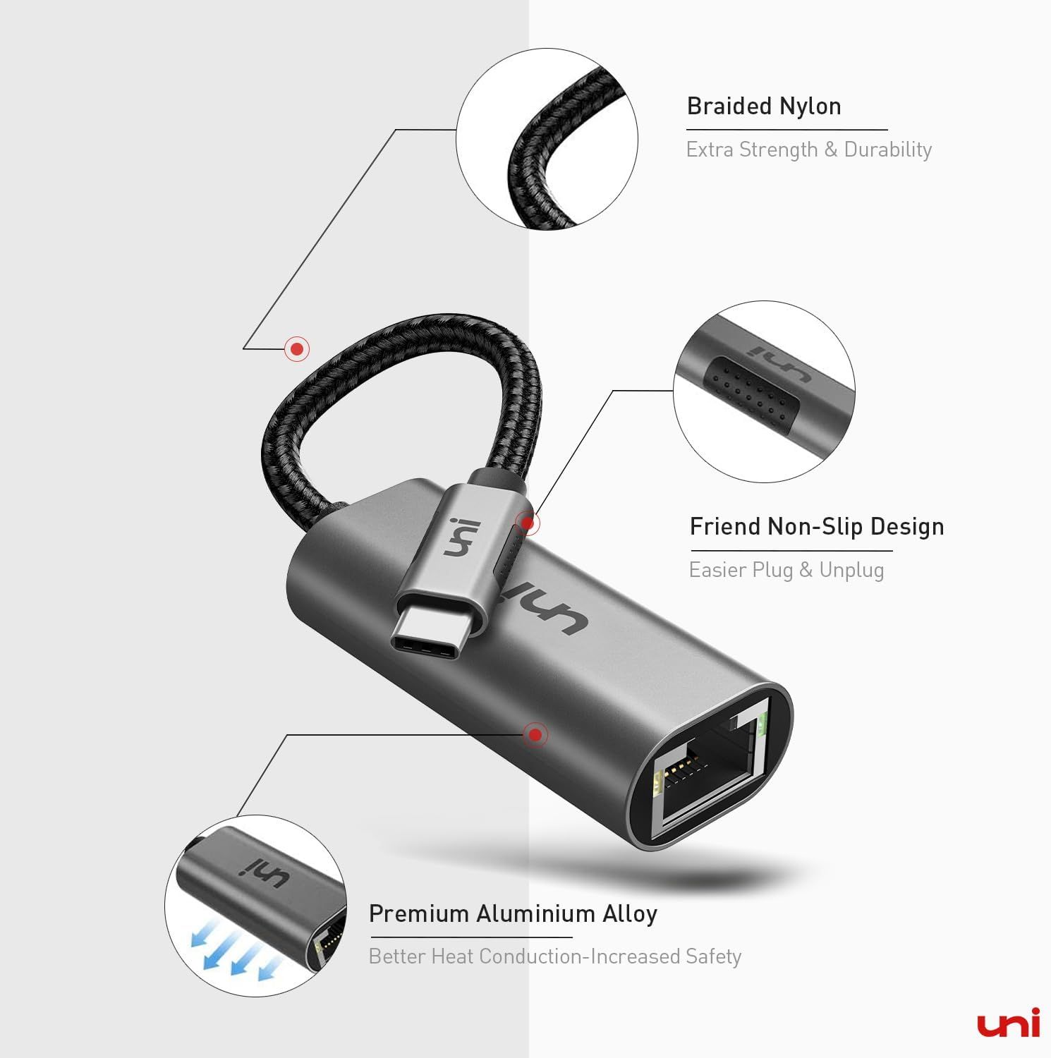 This image breaks down the physical components and materials of the charging cable/adapter to communicate build quality, durability, and thoughtful design features to reassure shoppers about the…