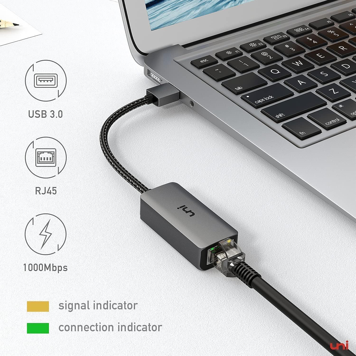 This image breaks down the physical components and technical specifications of the USB to Ethernet adapter, showing shoppers exactly what ports and features the product includes and how they…