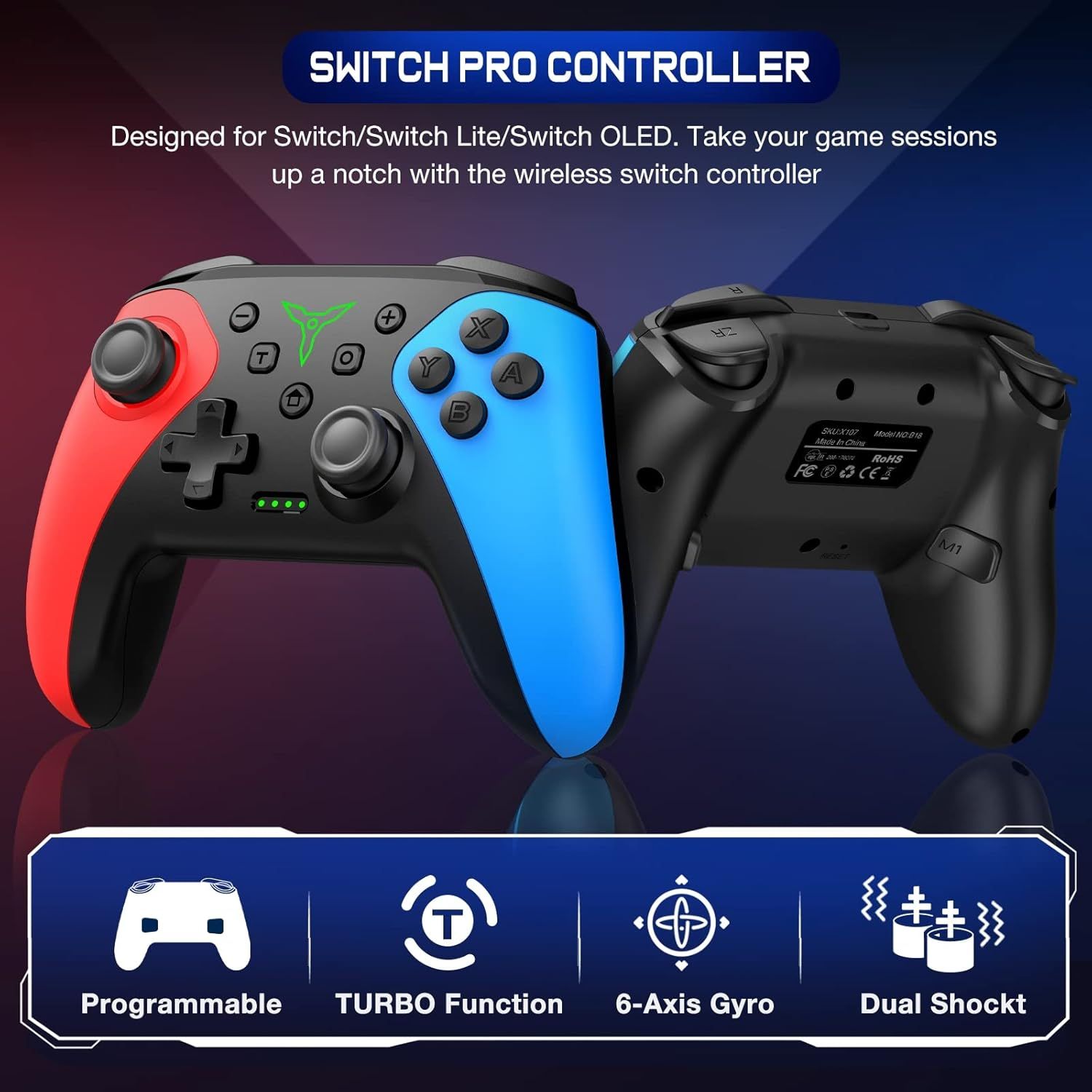 Showcases multiple key gaming features of the Switch Pro controller to demonstrate its advanced functionality and appeal to gamers seeking enhanced control and customization.