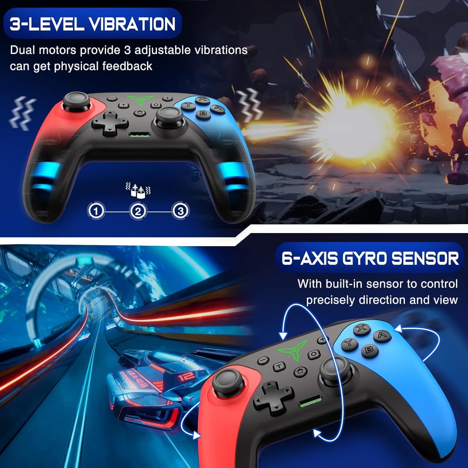 Highlights two distinct technical gaming features of the controller: adjustable vibration feedback for immersive gameplay and precise motion control via gyro sensor for enhanced directional accuracy.