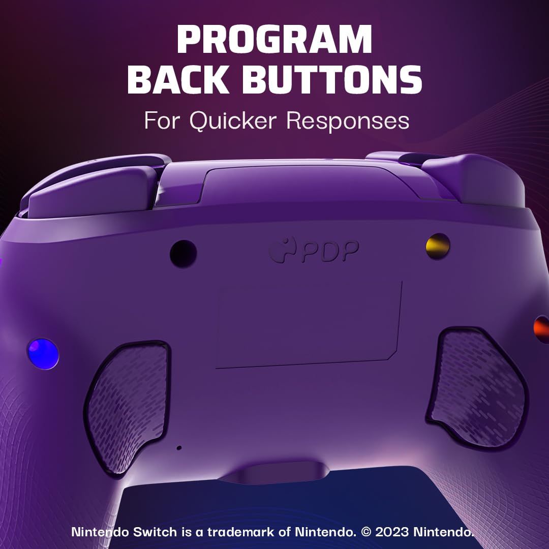 Highlights the programmable back buttons feature on the gaming controller to communicate enhanced responsiveness and customization for gamers.