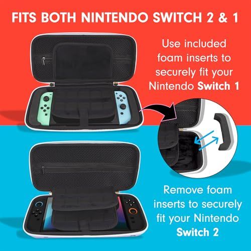 Demonstrates that the carrying case is compatible with both Nintendo Switch 1 and Nintendo Switch 2 models, using adjustable foam inserts to fit either device…