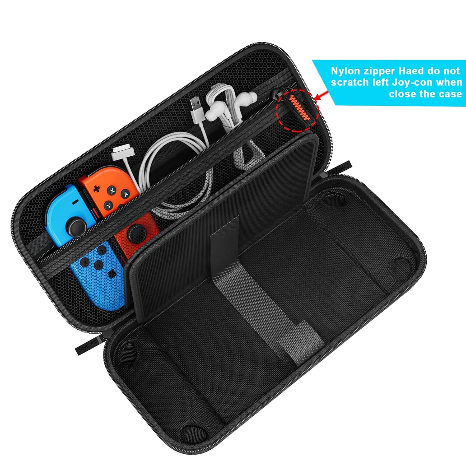 Highlights the protective nylon zipper feature that prevents scratching the left Joy-con when closing the case, reassuring shoppers about the product's…