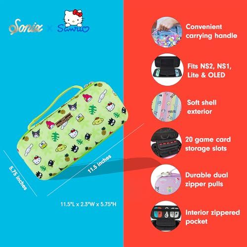This image showcases multiple distinct benefits of the Sanrio-themed Nintendo Switch case in a segmented layout, highlighting its convenience, compatibility,…