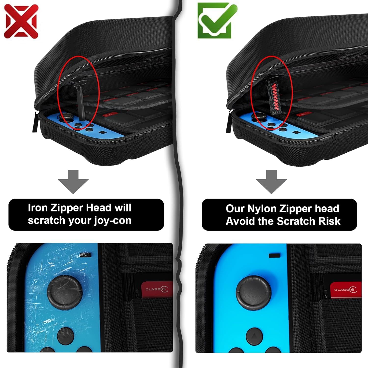 Demonstrates that the product's nylon zipper head prevents scratching damage to gaming devices, unlike competing products with iron zippers that can cause…