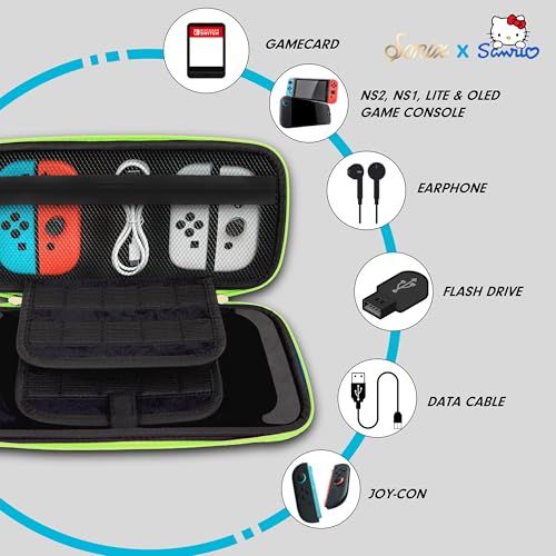 Shows shoppers everything that can fit inside the carrying case, demonstrating its storage capacity and organizational features for Nintendo Switch accessories.