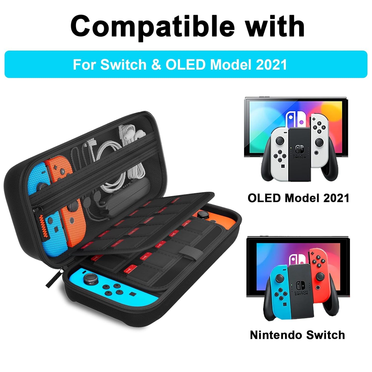 Demonstrates that the carrying case is compatible with both the Nintendo Switch and OLED Model 2021, reassuring shoppers that it will fit their specific…