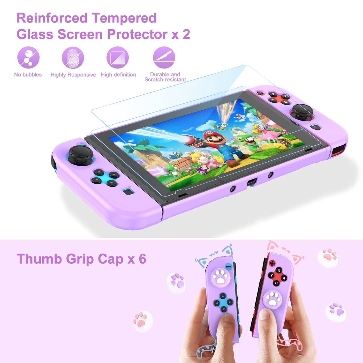 Shows the customer everything included in the package: two tempered glass screen protectors and six thumb grip caps, helping them understand the complete value of the bundle.