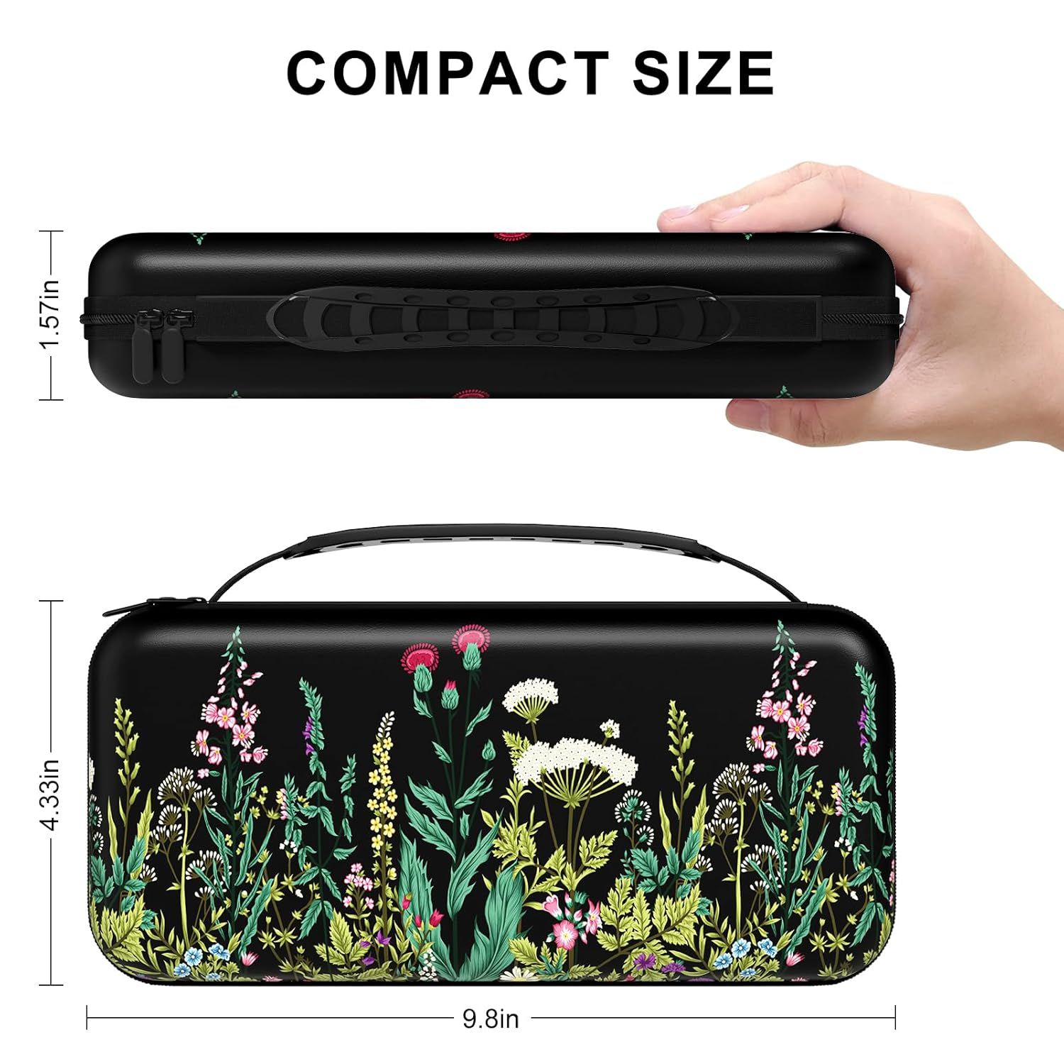 Demonstrates the physical dimensions and compact portability of the carrying case, showing it can be easily held in one hand and fits conveniently for travel. Emphasizes the compact, travel-friendly…