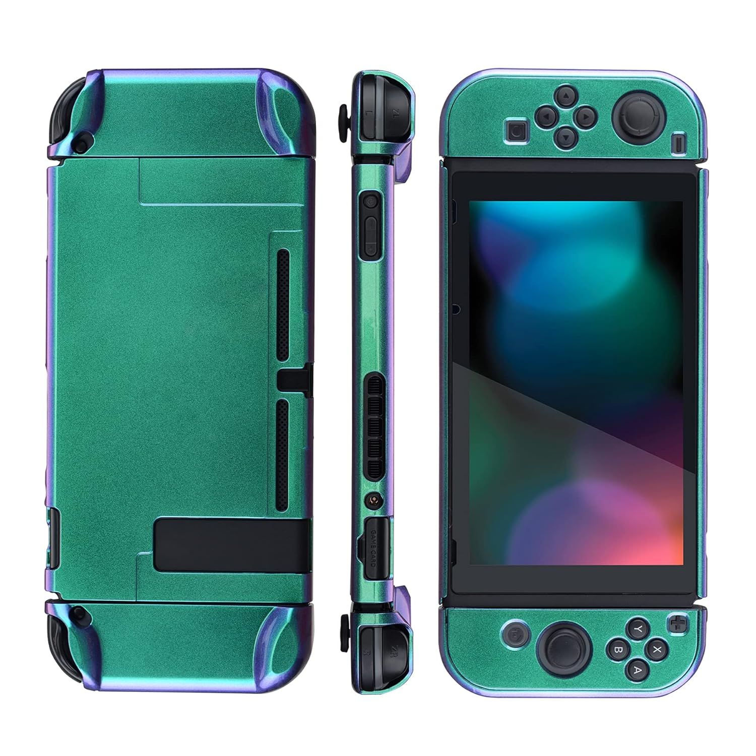 Displays the protective case from multiple angles (back, side, front) on a clean white background to show the complete design and fit of the product.