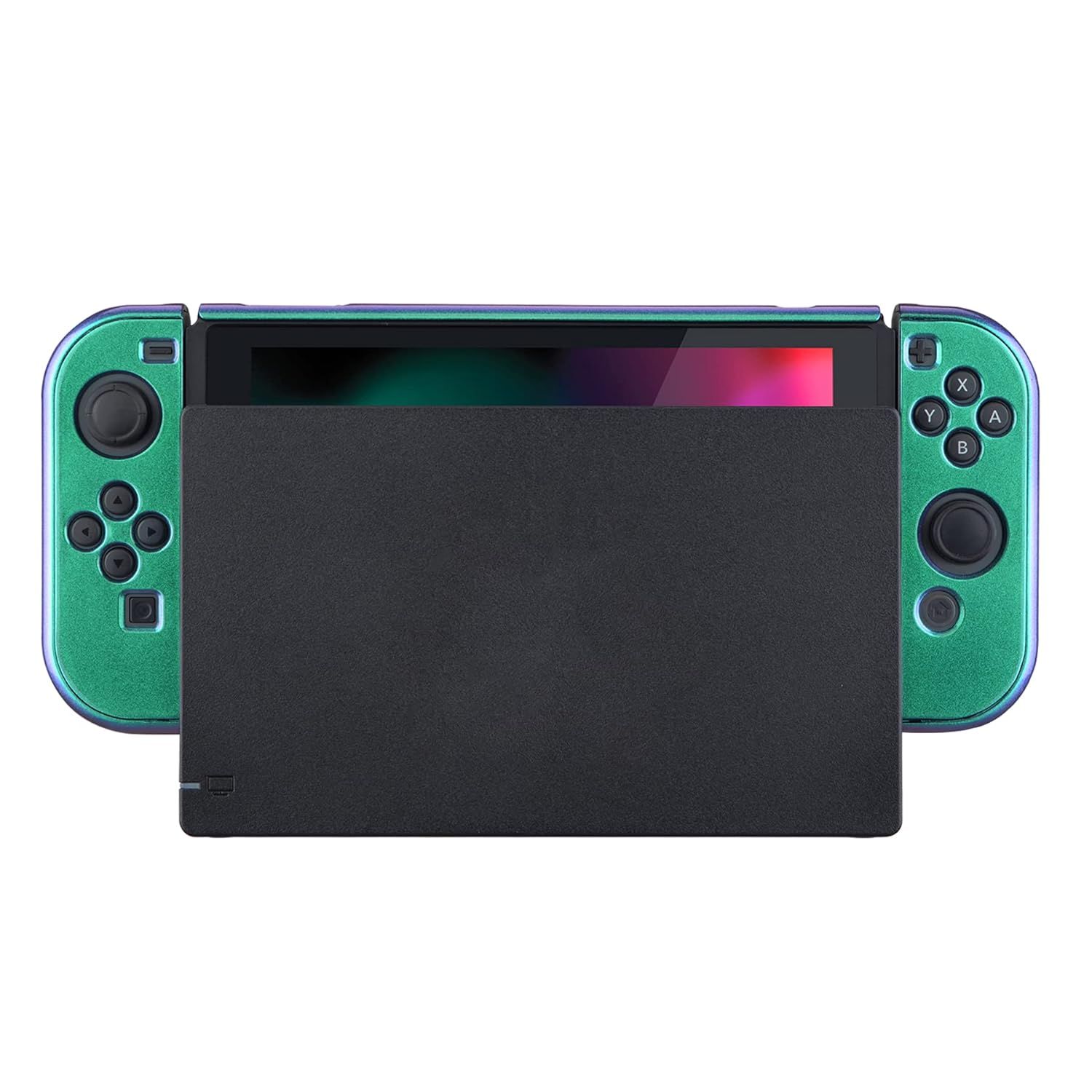 Provides a clear, distraction-free view of the gaming console with green metallic controllers in a docked position, allowing shoppers to see the product design and color options.