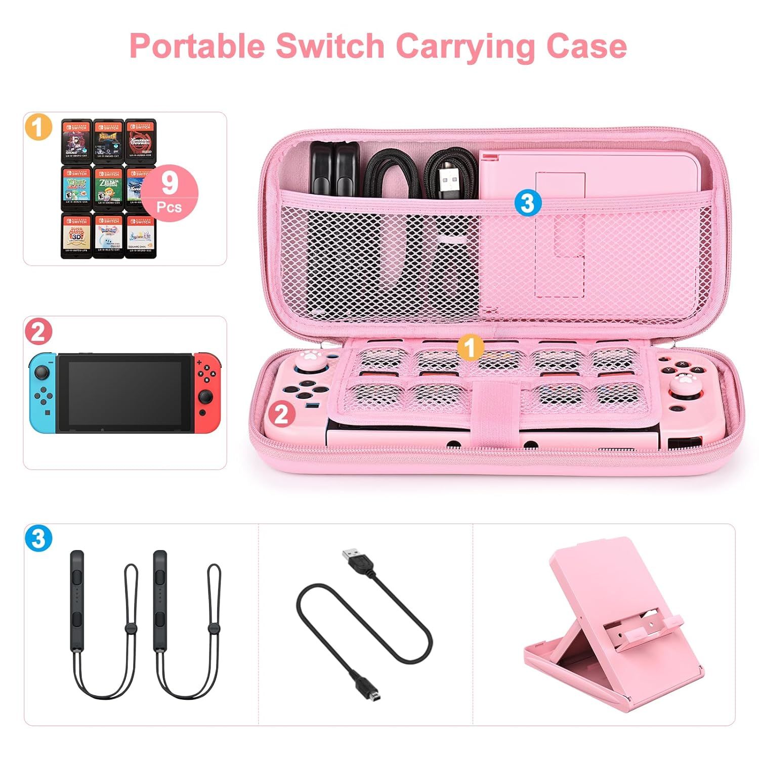 Shows everything included in the package—the carrying case, game card storage, console holder, charging cables, wrist straps, and adjustable stand—to help shoppers understand the complete value of…
