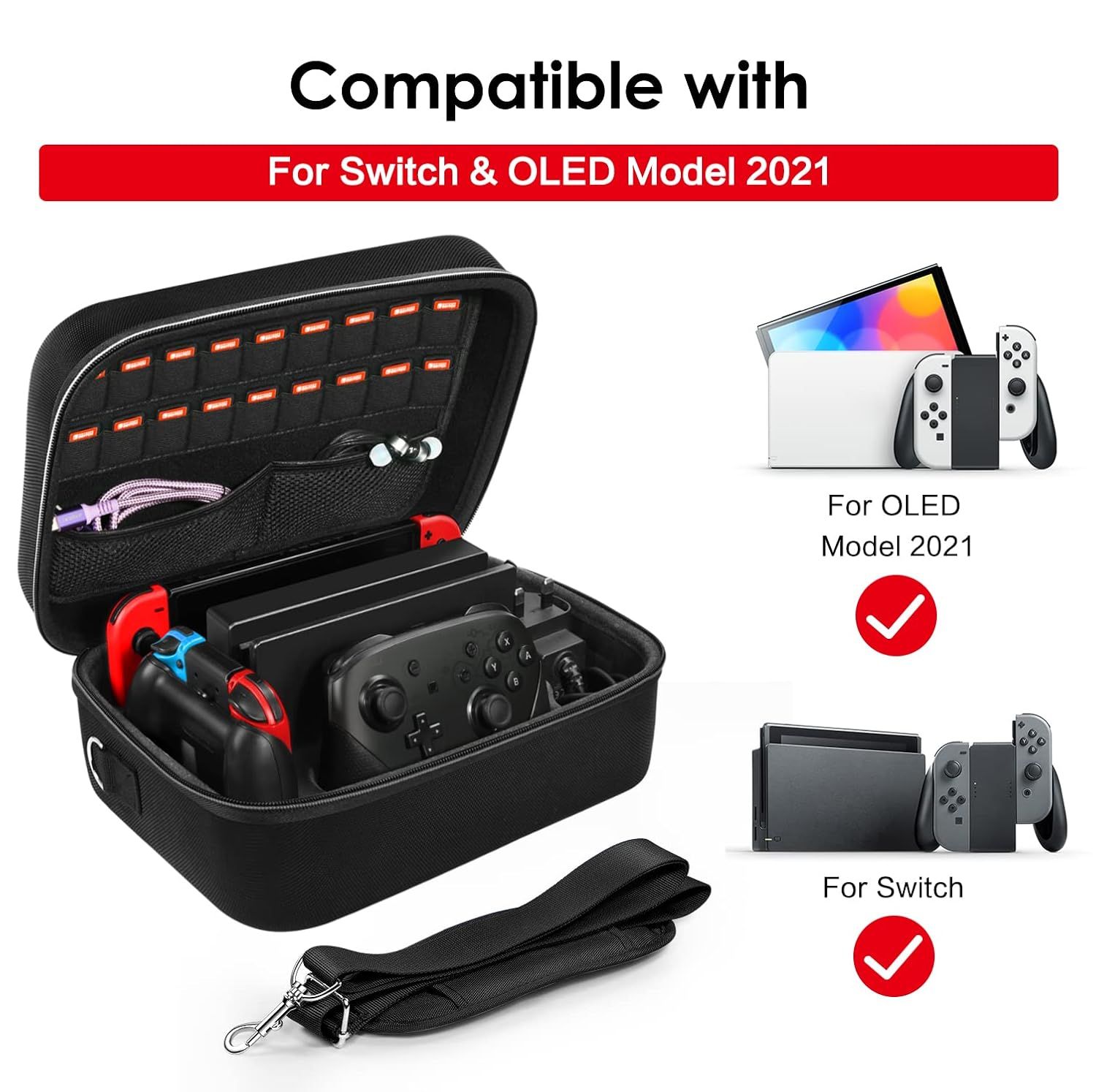 Demonstrates that the carrying case is compatible with both Nintendo Switch and OLED Model 2021, reassuring shoppers that the product will fit their specific gaming console.