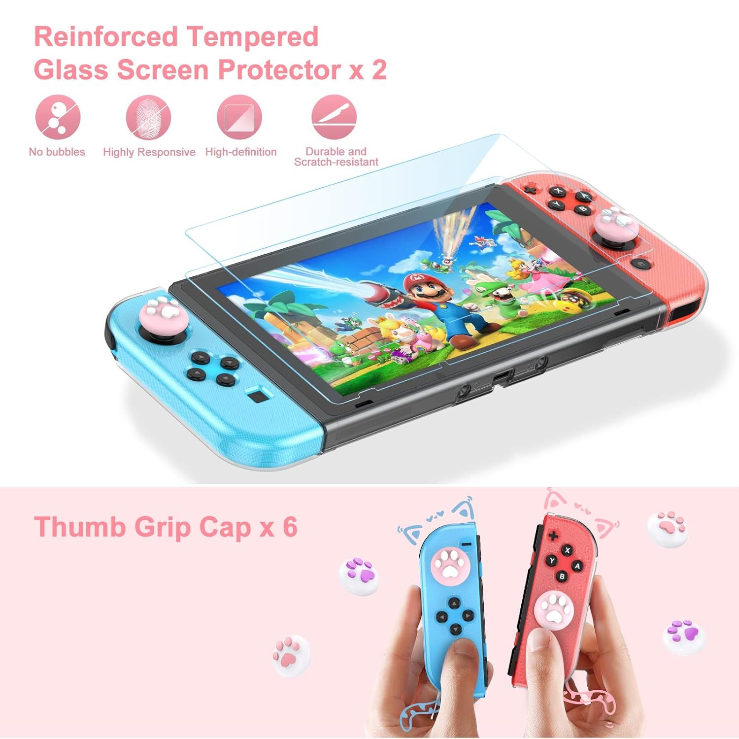 Shows the customer exactly what accessories are included in the package: two tempered glass screen protectors and six thumb grip caps for the gaming device. Highlights four distinct benefits of the…