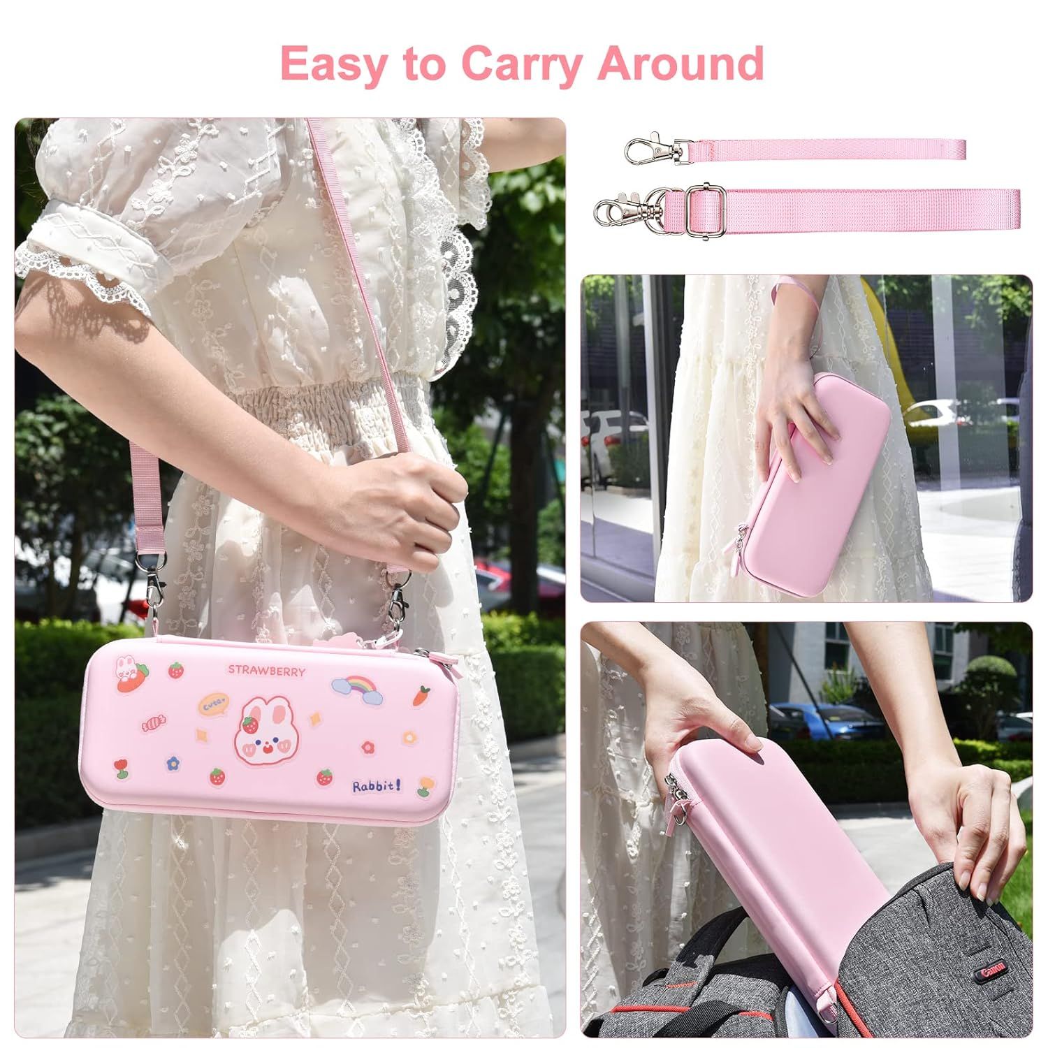 Demonstrates the product's versatility by showing multiple ways to carry the case—crossbody, handheld, and attached to a backpack—reassuring shoppers it's convenient for various situations.