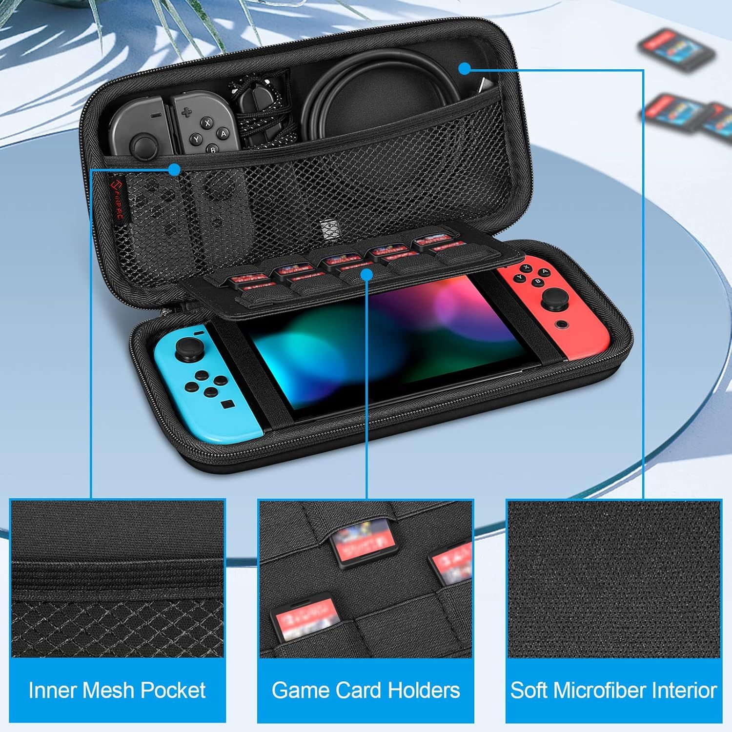 Highlights multiple organizational and protective features of the carrying case to show shoppers how the case keeps their gaming device and accessories secure and well-organized.