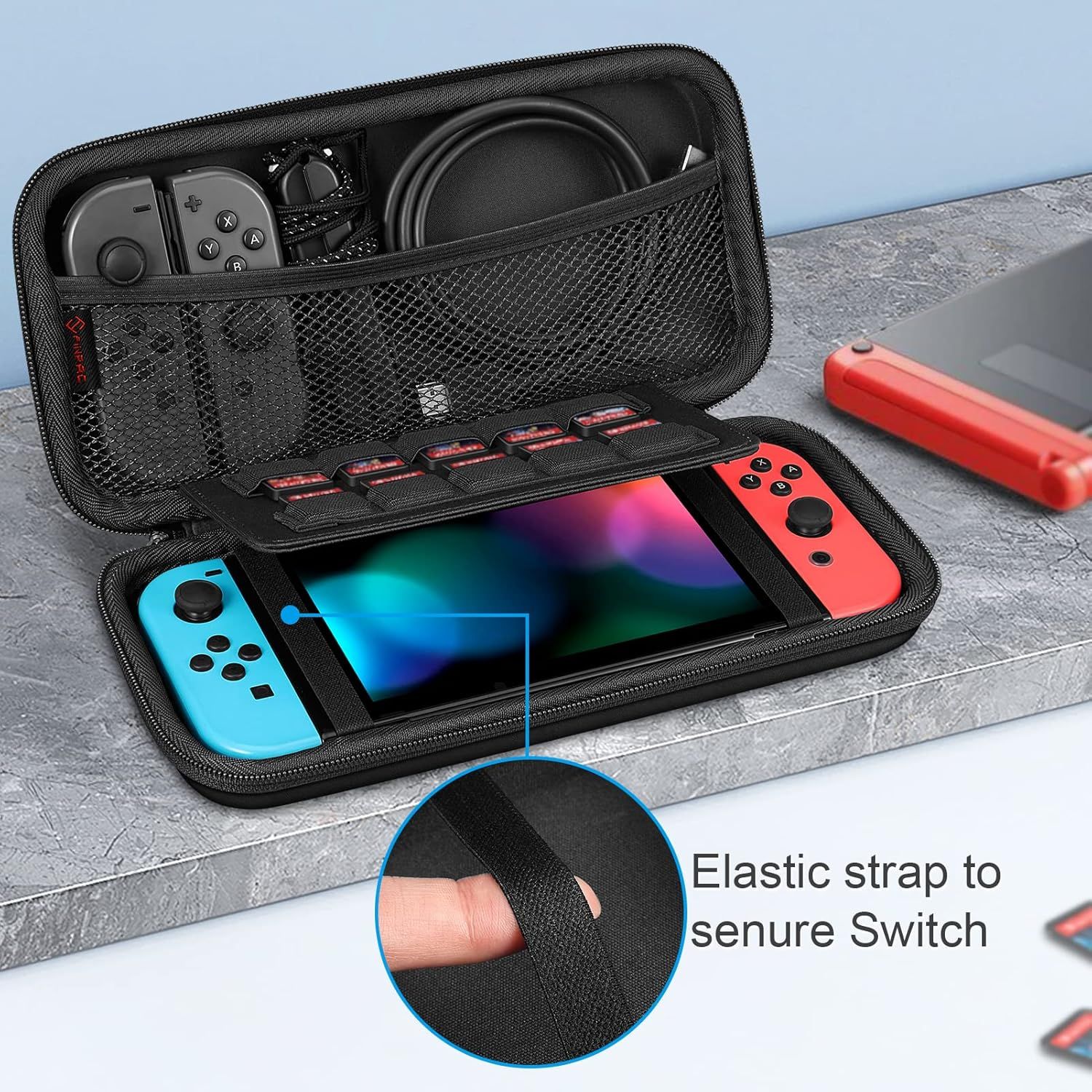 Highlights the elastic strap feature that secures the Switch console in place within the case, reassuring shoppers that the device will be held safely and won't move around during transport. Shows…