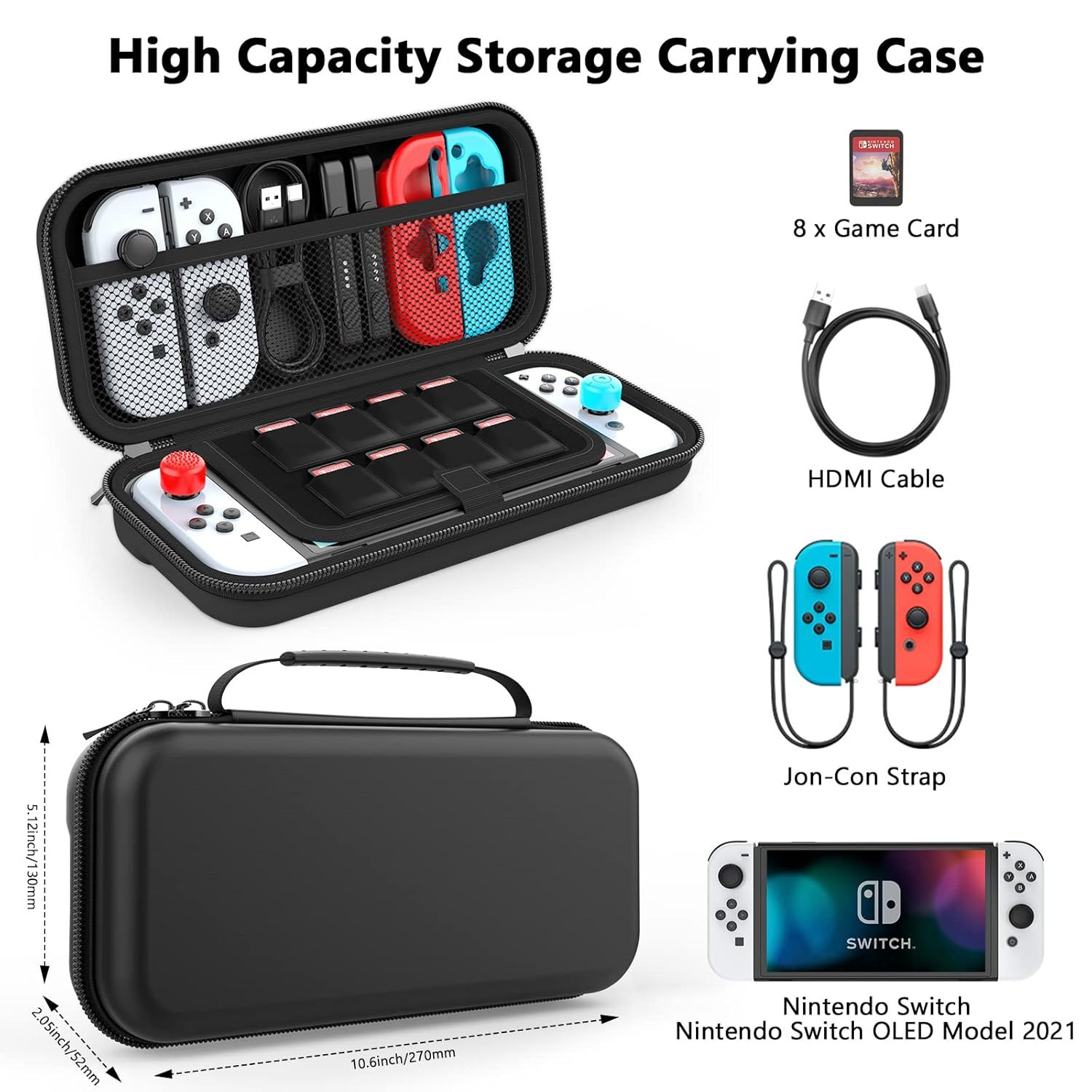 Shows everything included in the package—the carrying case, game card slots, HDMI cable, and Jon-Con straps—to help shoppers understand the full value and completeness of the bundle.