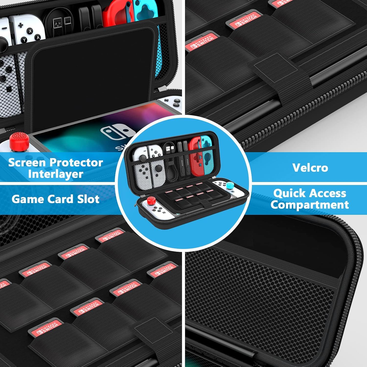 This image breaks down the carrying case's internal organization and physical components, showing shoppers exactly what storage features are included and where each gaming accessory can be stored.…