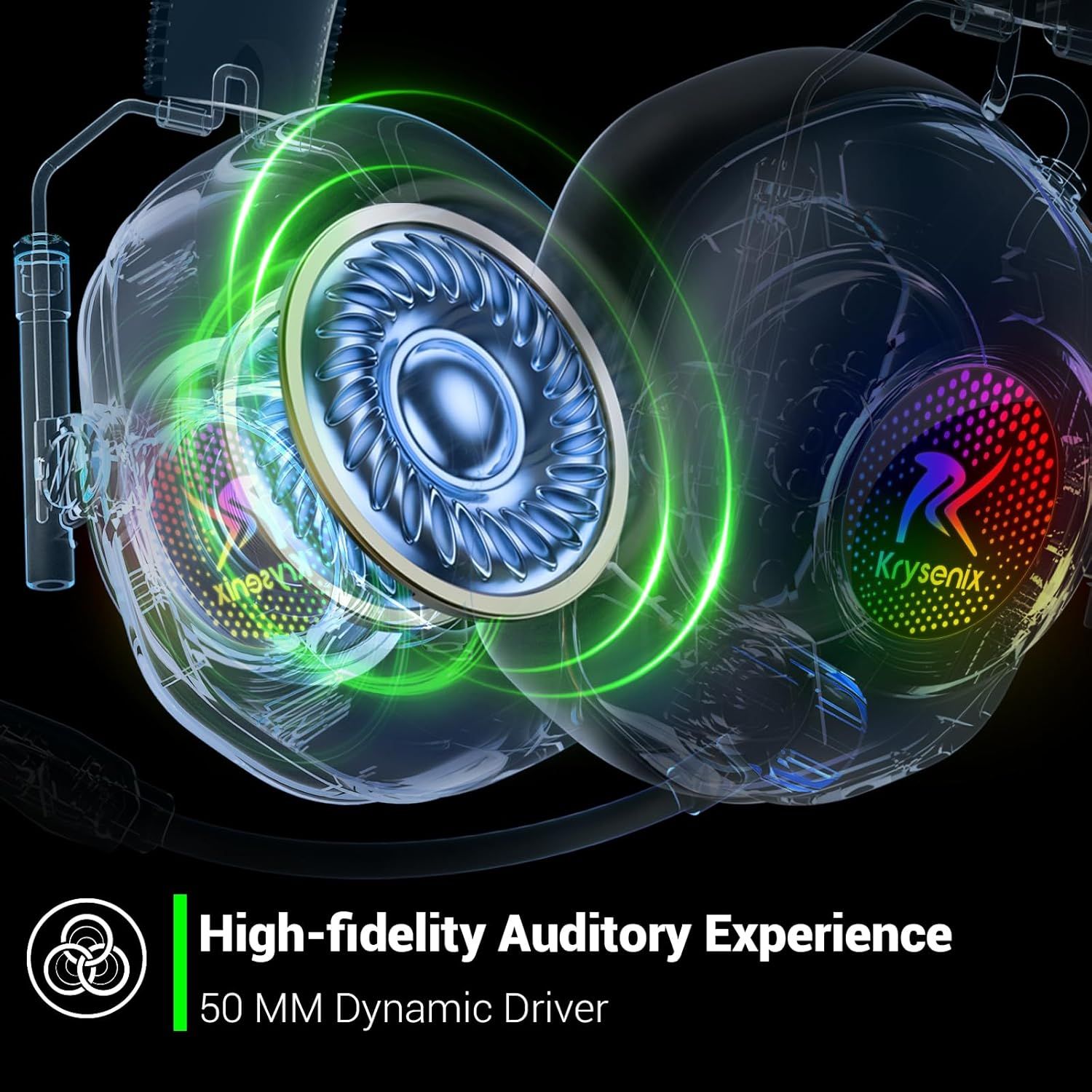 This image uses a transparent cutaway view to showcase the internal driver technology and engineering of the headphones, emphasizing the high-fidelity audio…
