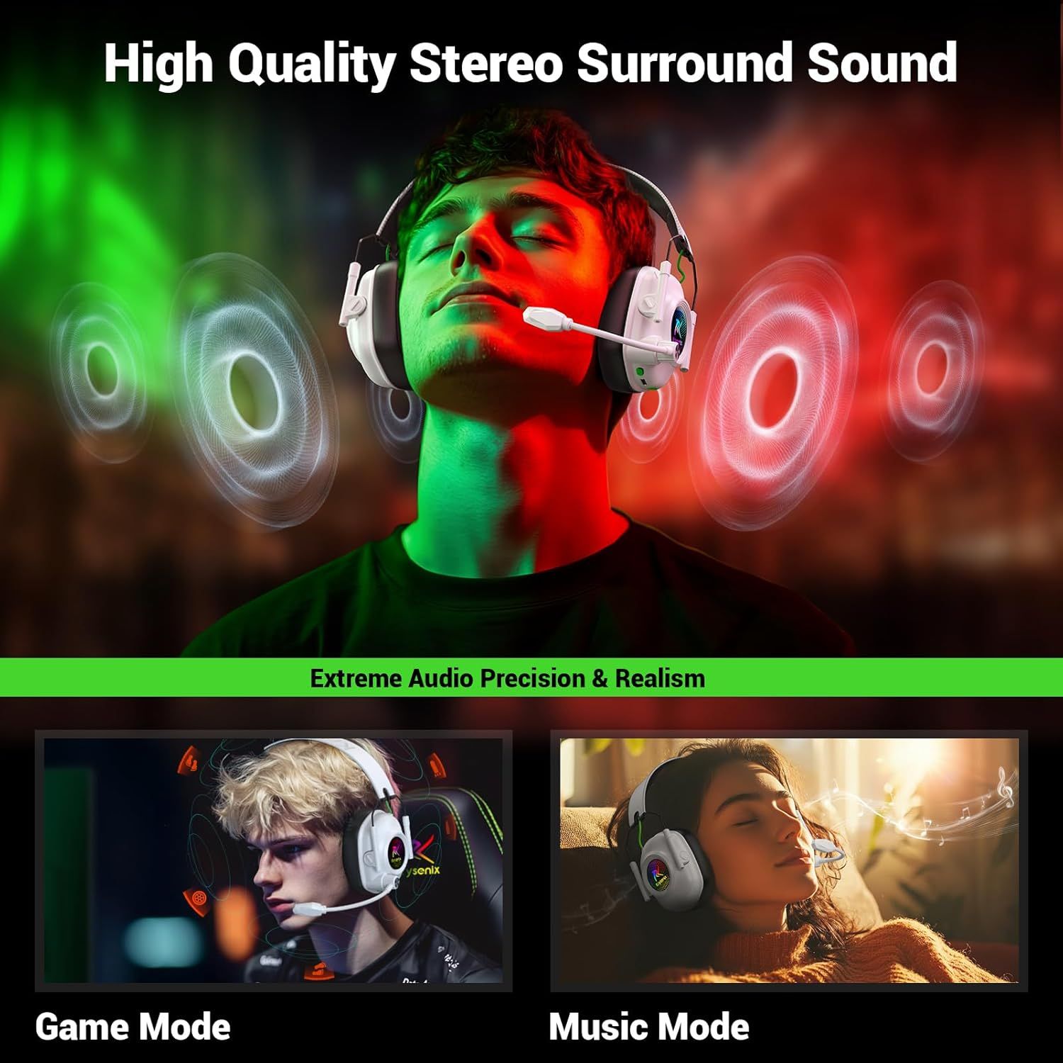Demonstrates the headset's versatility by showing two distinct use cases: gaming and music listening, reassuring shoppers that the product adapts to different…