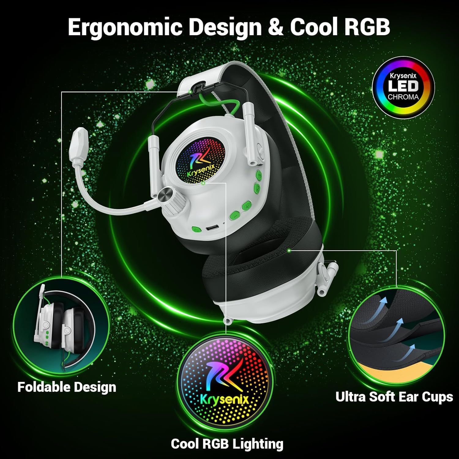 Showcases multiple distinct selling benefits of the gaming headset including its ergonomic design, RGB lighting feature, foldable portability, and comfort…