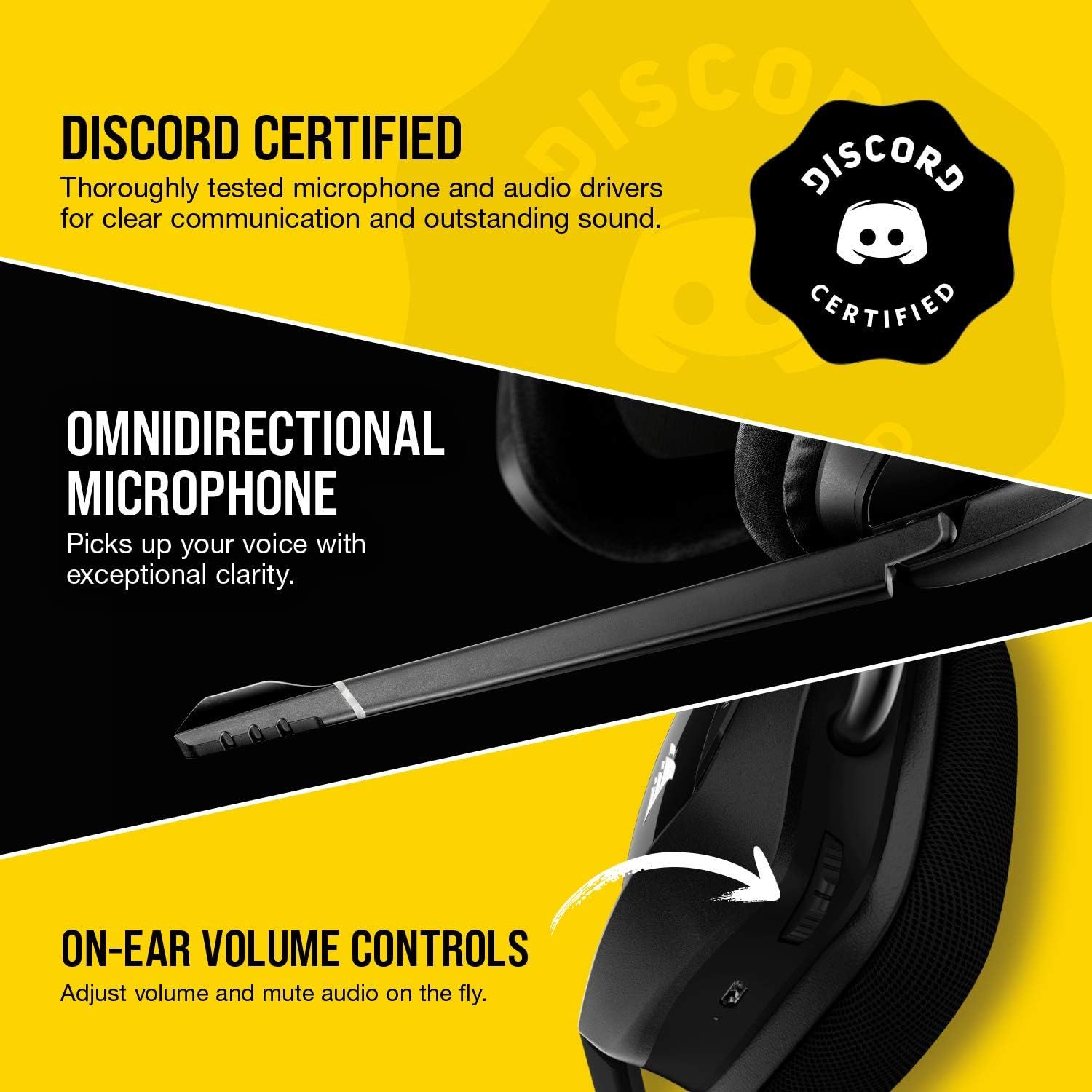 Communicates multiple key features of the gaming headset including Discord certification for quality audio, omnidirectional microphone for clear voice pickup, and convenient on-ear volume controls…