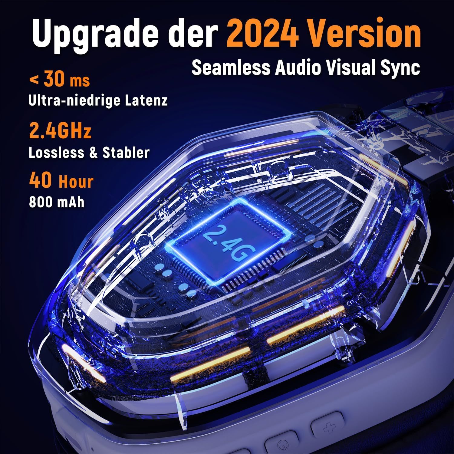 Communicates multiple technical performance benefits of the upgraded 2024 version, emphasizing low latency, stable connectivity, and long battery life to reassure shoppers of superior audio-visual…