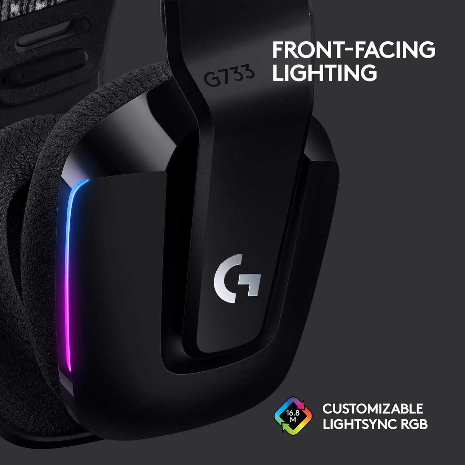 Highlights two distinct lighting features of the gaming headset: the front-facing lighting design and the customizable RGB lighting system with 16.8M colors, appealing to gamers who value aesthetics…