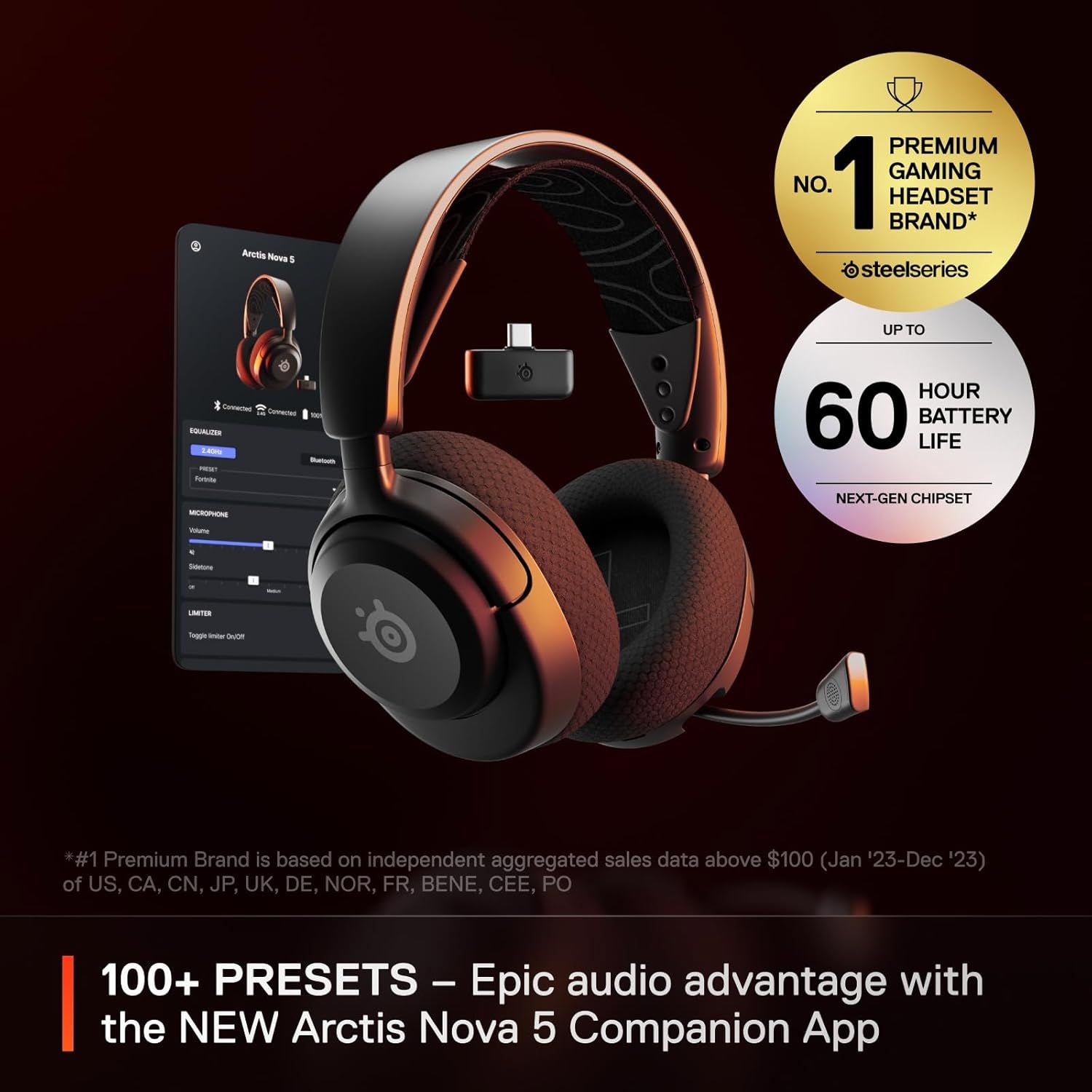 Communicates multiple key selling points including brand leadership, exceptional battery life, and extensive audio customization to position the headset as a premium, feature-rich gaming solution.
